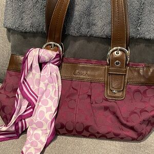 Coach Burgundy and Brown Shoulder Bag with Scarf